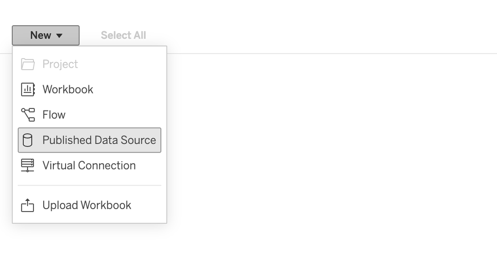 New dropdown menu with published data source option